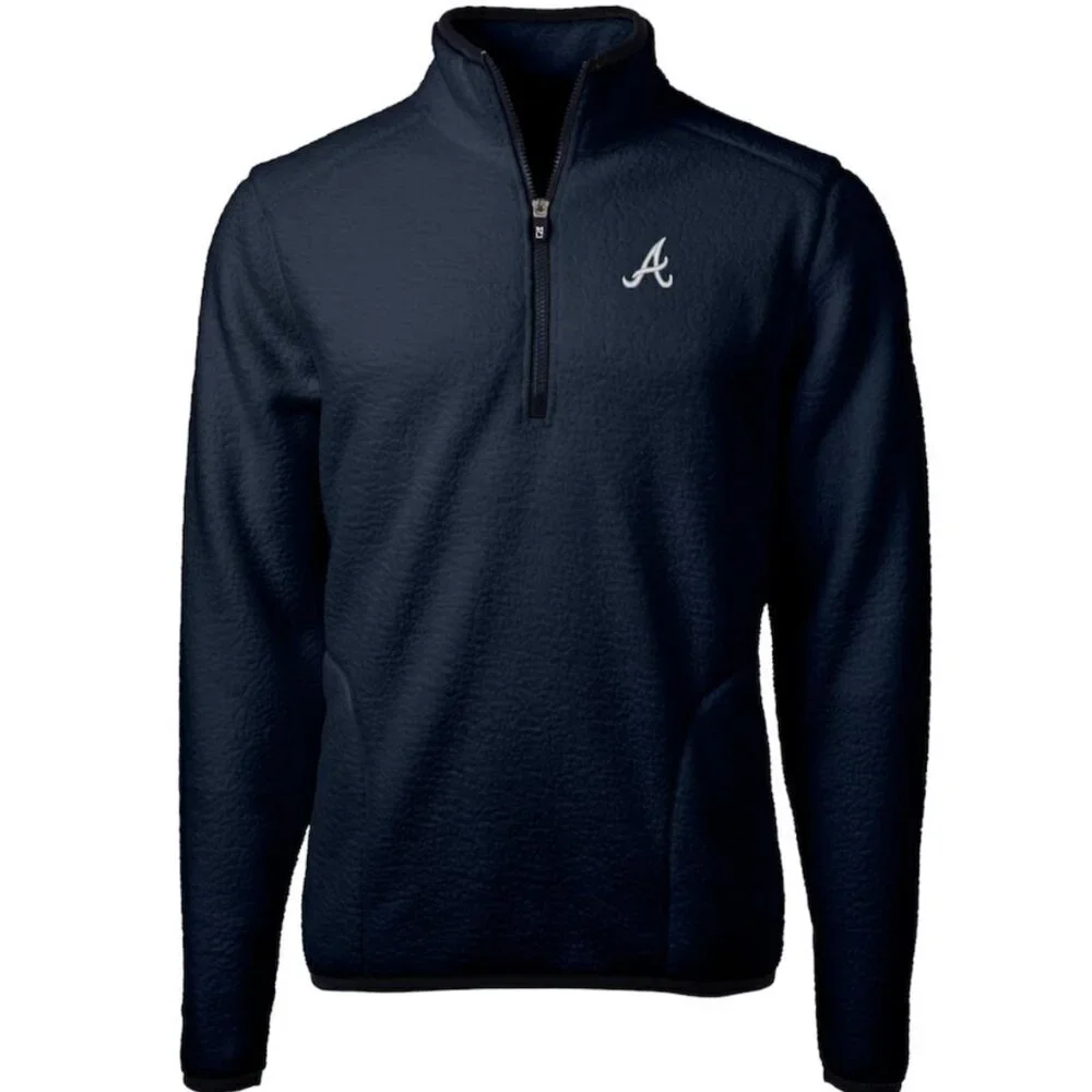 NWT Cutter & Buck Atlanta Braves Cascade Eco Fleece Mens 1/4 Zip Jacket, Blue, S